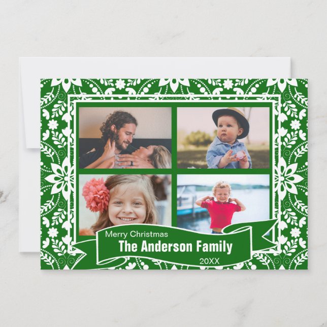 Cartes Pour Fêtes Annuelles Green White Folk Floral Motif de vacances (Devant)