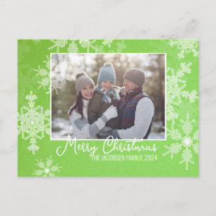 Cartes Pour Fêtes Annuelles Green White Snowflakes Minimaliste Photo de Noël