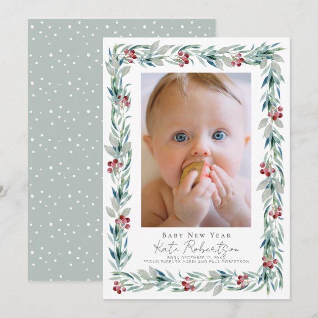 Cartes Pour Fêtes Annuelles Green Wreath Baby Nouvel An Photo Holiday Card (Devant / Derrière)