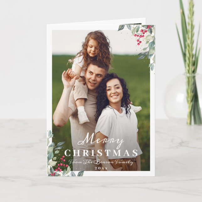 Cartes Pour Fêtes Annuelles Greenery Holly Berries 2 Photo Joyeux Noël (Devant)