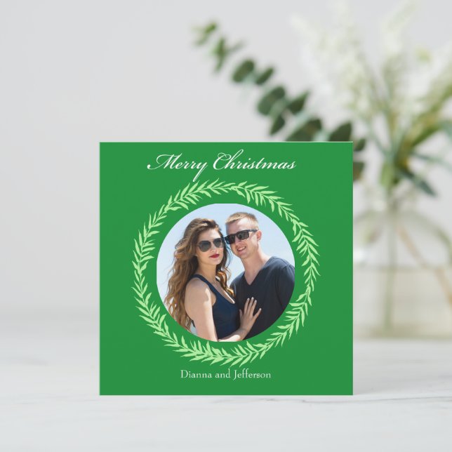 Cartes Pour Fêtes Annuelles Greenery Light Green Leaf Wreath encloses photo (Debout devant)