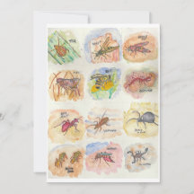 Greeting card with colorful images of twelve bugs
