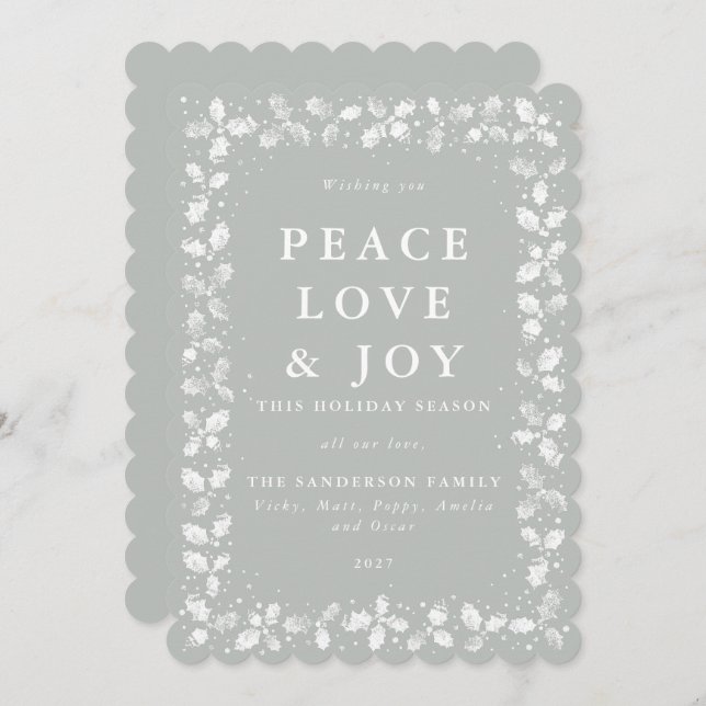Cartes Pour Fêtes Annuelles Grey Green Holly Peace Love + Joy (Devant / Derrière)