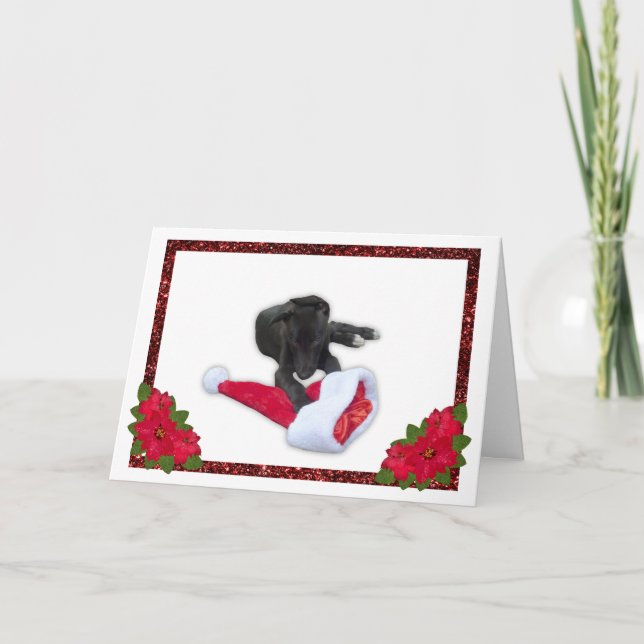 Cartes Pour Fêtes Annuelles Greyhound Chippon avec le chapeau de Noël (Devant)