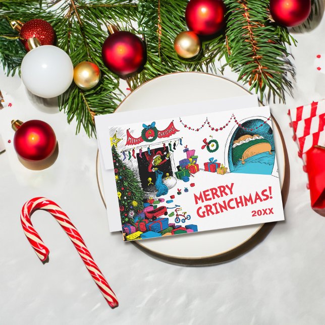 Cartes Pour Fêtes Annuelles Grinch Classique | Grinch dans Cheminée (Card on table)