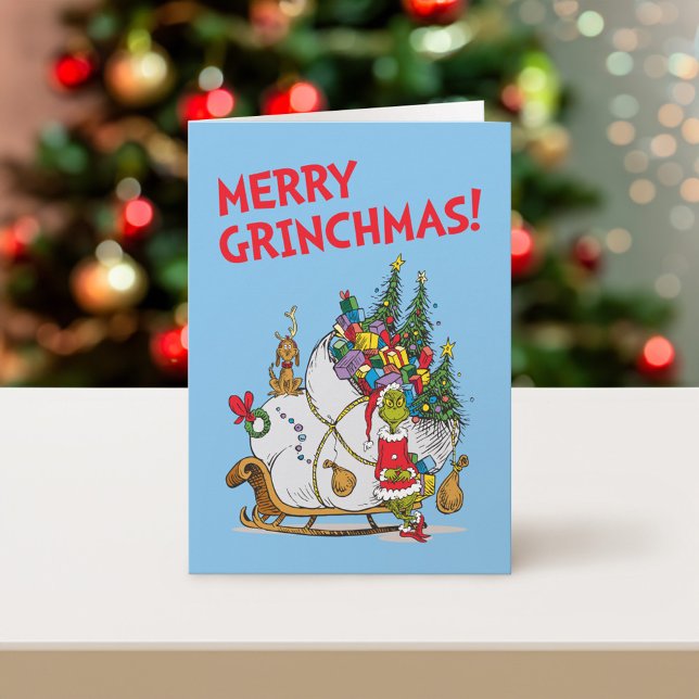 Cartes Pour Fêtes Annuelles Grinch classique | Grinch & Max avec Sleigh (Card on table)
