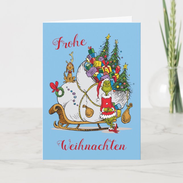 Cartes Pour Fêtes Annuelles Grinch Classique | Grinch & Max avec traîneau (Devant)