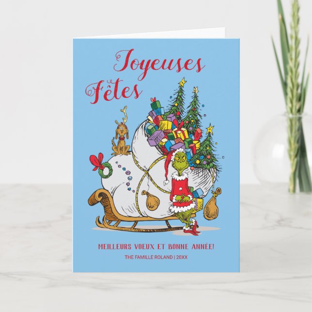 Cartes Pour Fêtes Annuelles Grinch Classique | Grinch & Max avec traîneau (Devant)