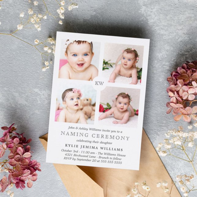 Cartes Pour Fêtes Annuelles Gris Monogramme Photo Collage Cérémonie de Naming (Créateur téléchargé)