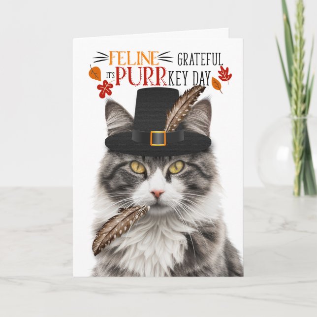 Cartes Pour Fêtes Annuelles Gris Tabby Chat Feline Gratuit pour PURRkey Day (Devant)