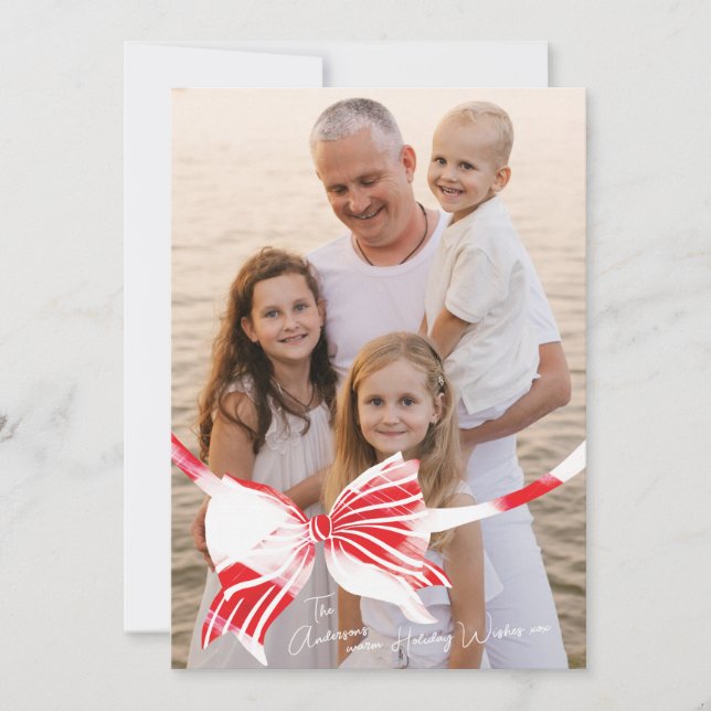 Cartes Pour Fêtes Annuelles Grosse Photo Blanc & Rouge Plaid Lié Avec Bow (Devant)