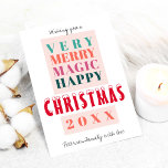 Cartes Pour Fêtes Annuelles Grosse typographie moderne et tendance Salutations<br><div class="desc">Script de typographie audacieux et une palette de couleurs chaudes orange, bleu turquoise, vert chasseur, rose et rouge faisant un style contemporain moderne famille de Noël ou entreprise salut d'entreprise non carte photo. Personnalisez-le avec votre texte et votre signature dans un script manuscrit écrit à la main ! La carte...</div>