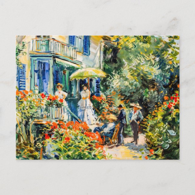 Cartes Pour Fêtes Annuelles Groupe de personnes en jardin devant une villa (Devant)