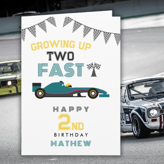 Cartes Pour Fêtes Annuelles Growing Up Two Fast Race Car 2nd Birthday Card (Créateur téléchargé)