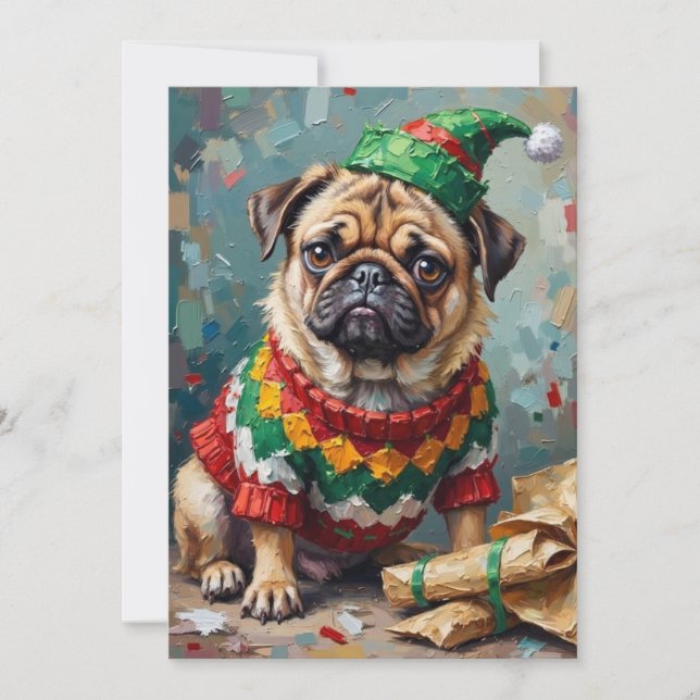 Cartes Pour Fêtes Annuelles Grumpy Pug Dog in Elf Hat Funny Christmas Art (Devant)