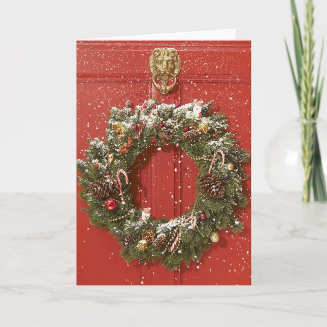Cartes Pour Fêtes Annuelles Guirlande de Noël accrochant sur une porte (Devant)