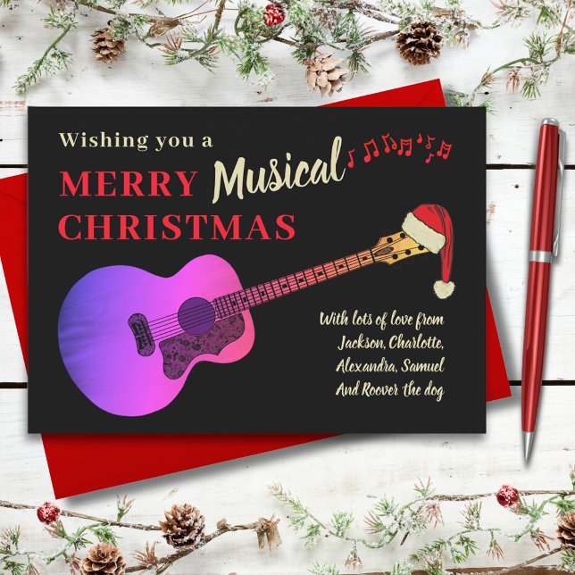 Cartes Pour Fêtes Annuelles Guitare acoustique de Noël noir et rose (Christmas pink acoustic guitar wearing a Santa hat black and gold custom holiday greetings card)