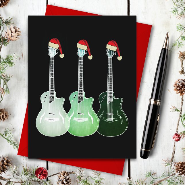 Cartes Pour Fêtes Annuelles Guitare de Noël Père Noël vert (Christmas guitars wearing Santa hats simple illustration on black holiday greetings postcard)