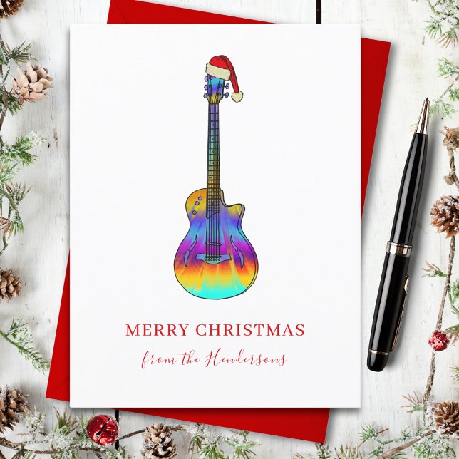 Cartes Pour Fêtes Annuelles Guitare de Noël personnalisée (Christmas guitar custom holiday greetings card fun colorful electric guitar wearing a santa hat)