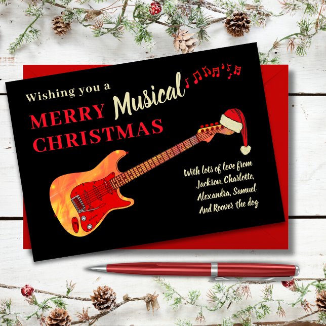 Cartes Pour Fêtes Annuelles Guitare de Noël personnalisée (Merry musical christmas red and black cool electric fire guitar themed holiday card)