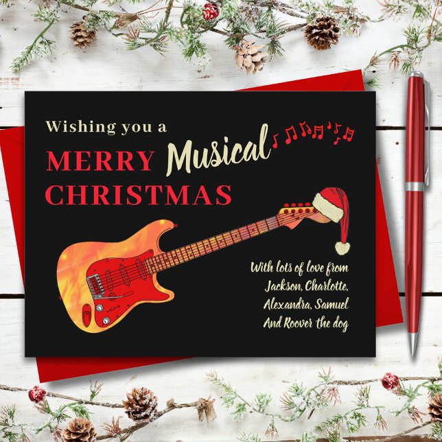 Cartes Pour Fêtes Annuelles Guitare de Noël portant un chapeau de Père Noël (Rock and roll merry musical christmas holiday greetings card fire electric guitar wearing Santa hat)