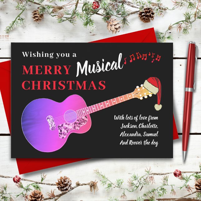 Cartes Pour Fêtes Annuelles Guitare de Noël portant un chapeau de Père Noël (Christmas guitar wearing a Santa hat pink and black holiday greetings card)