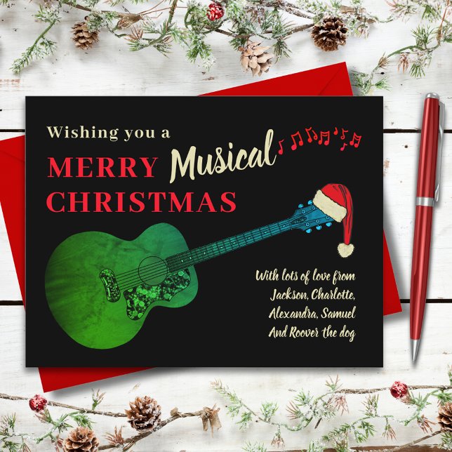 Cartes Pour Fêtes Annuelles Guitare Musicale Joyeux Noël Personnalisé (Merry musical christmas guitar wearing Santa hat custom budget holiday greetings postcard)