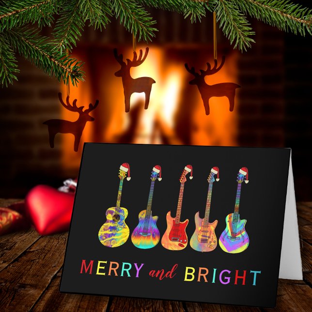 Cartes Pour Fêtes Annuelles Guitares de Noël Joyeuses et brillantes (Rock and roll Christmas guitars merry and bright custom holiday greetings card guitarist musician )