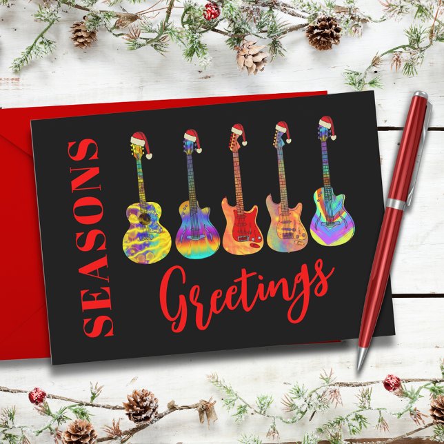 Cartes Pour Fêtes Annuelles Guitares personnalisées avec des chapeaux de Père  (Cool colorful Christmas guitars wearing Santa hats seasons greetings postcard black and red)