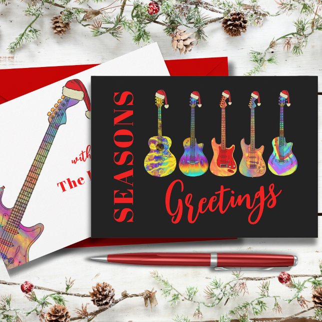 Cartes Pour Fêtes Annuelles Guitares portant des chapeaux de Père Noël Joyeuse (Cool guitars seasons greetings funny colorful guitars wearing Santa hats on black background )
