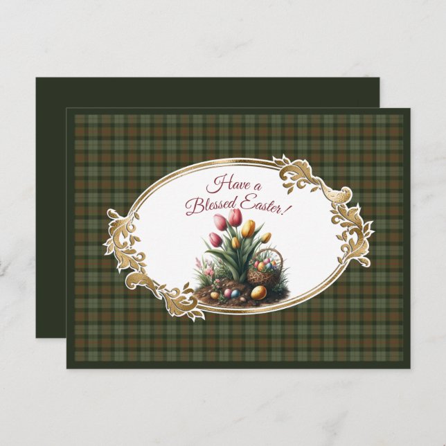 Cartes Pour Fêtes Annuelles Gunn Tartan écossais Patiné Tulips de Pâques (Devant / Derrière)