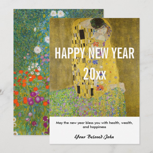Cartes Pour Fêtes Annuelles Gustav Klimt - Bonne année avec le baiser (Devant / Derrière)