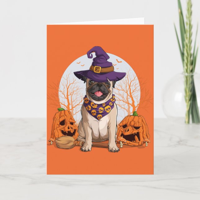 Cartes Pour Fêtes Annuelles Halloween Carlin Chien Sorcière (Devant)