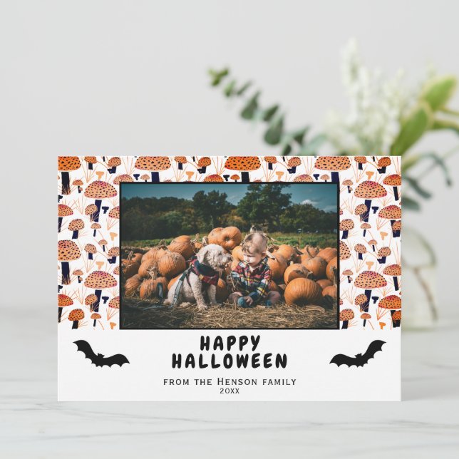 Cartes Pour Fêtes Annuelles Halloween Champignons Orange Black Bat Fall Photo (Debout devant)
