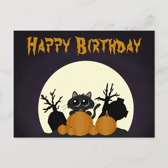 Cartes Pour Fêtes Annuelles Halloween Chat noir Citrouille cimetière d'anniver (Devant)