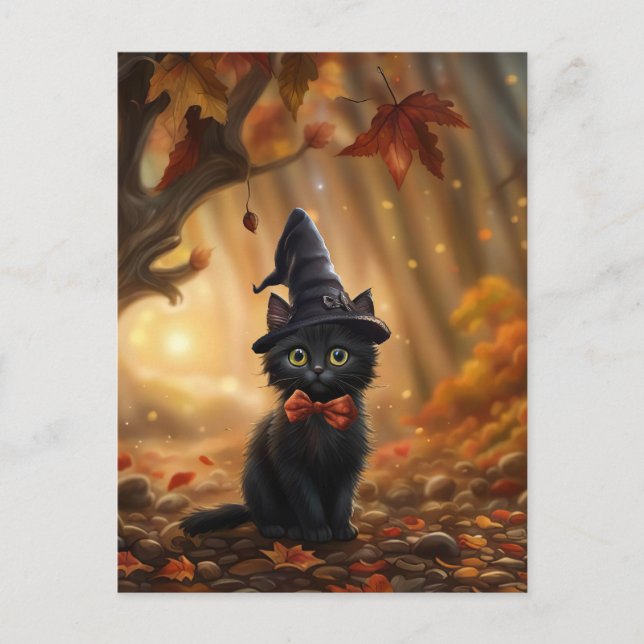 Cartes Pour Fêtes Annuelles Halloween Chat Noir Sorcière Casquette automne lai (Devant)