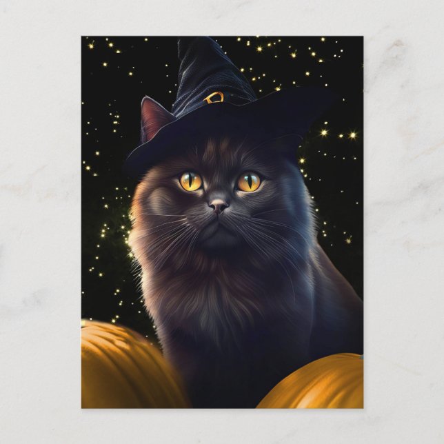 Cartes Pour Fêtes Annuelles Halloween Chat Noir Sorcière Casquette Et Citrouil (Devant)