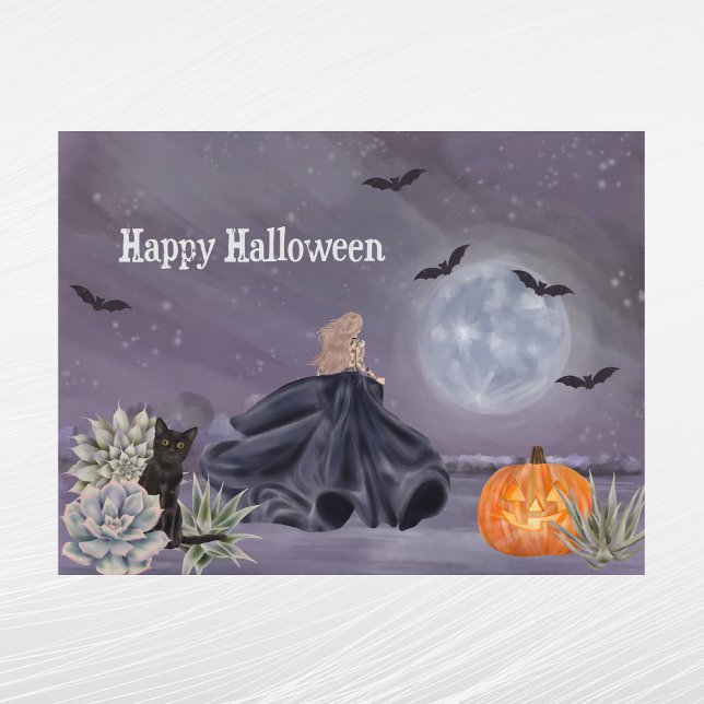 Cartes Pour Fêtes Annuelles Halloween Chat Noir Sorcière Citrouille Succulents (Créateur téléchargé)