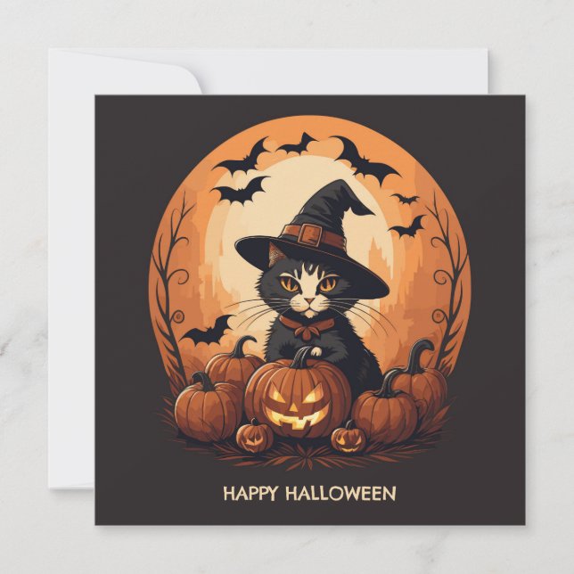 Cartes Pour Fêtes Annuelles Halloween chat sorcier (Devant)