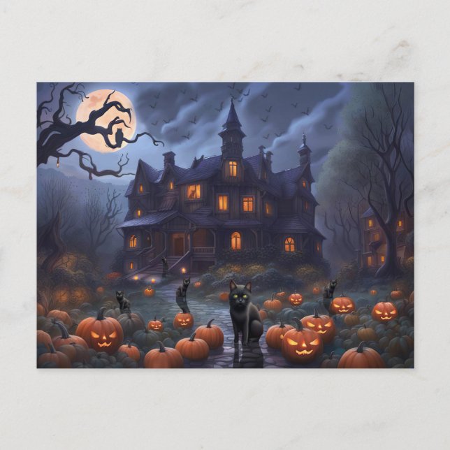 Cartes Pour Fêtes Annuelles Halloween Chats Citrouilles Maison hantée (Devant)