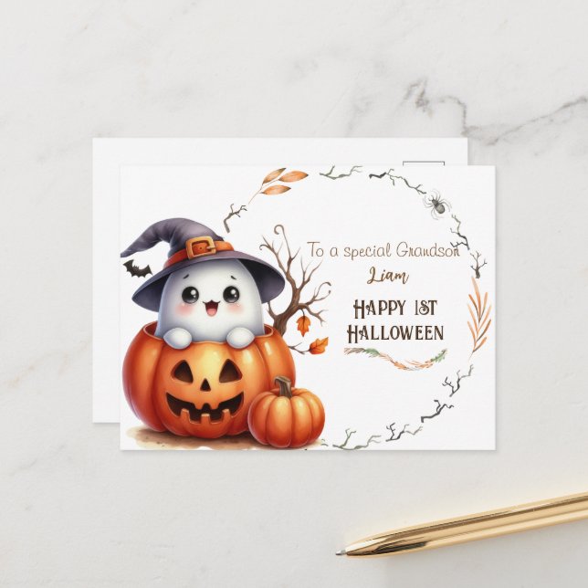 Cartes Pour Fêtes Annuelles Halloween Citrouille du fantôme mignon (Devant/Arrière en situation)