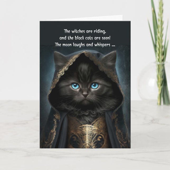 Cartes Pour Fêtes Annuelles Halloween Cute Black Cat in a Witch Cape with Poem (Devant)