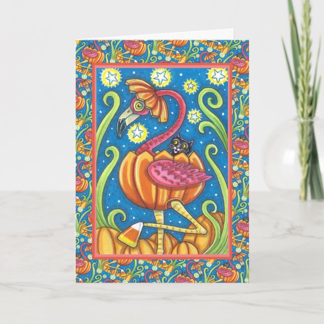 CARTES POUR FÊTES ANNUELLES HALLOWEEN FLAMANT ROSE ROSE & CHAT NOIR EN CITROUI (Devant)