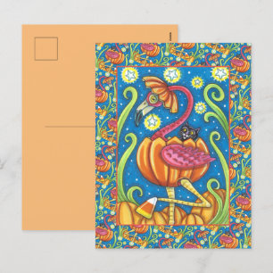 CARTES POUR FÊTES ANNUELLES HALLOWEEN FLAMANT ROSE ROSE & CHAT NOIR EN CITROUI