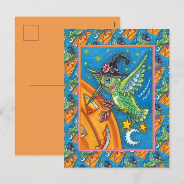 CARTES POUR FÊTES ANNUELLES HALLOWEEN HUMMINGBIRD & JACK-O'-LANTERN WHIMSY (Devant / Derrière)