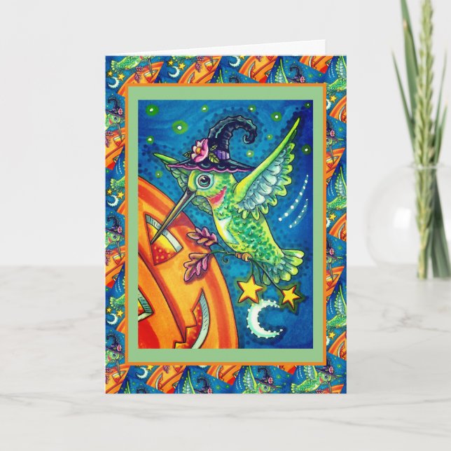 CARTES POUR FÊTES ANNUELLES HALLOWEEN HUMMINGBIRD & JACK-O'-LANTERN WHIMSY (Devant)