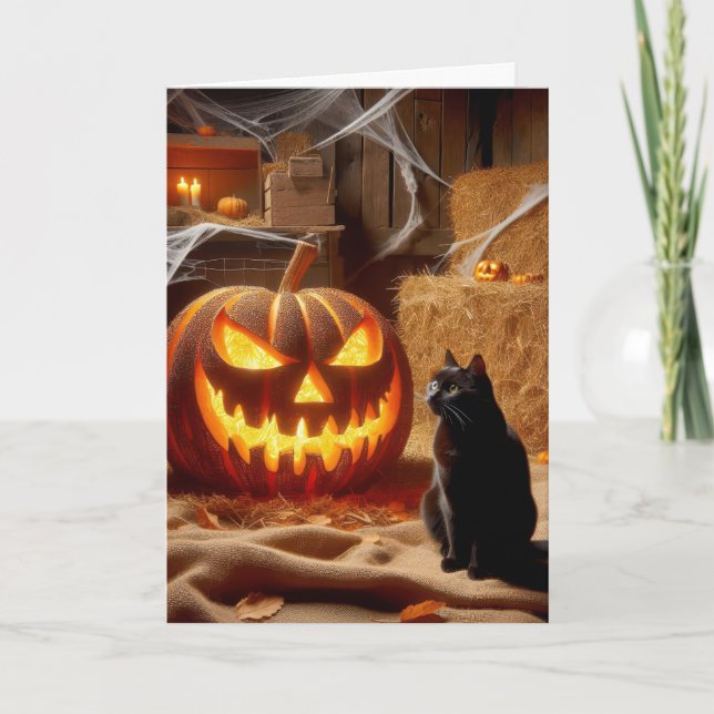 Cartes Pour Fêtes Annuelles Halloween Jack-o-lanterne et chat en grange (Devant)