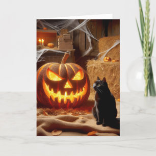 Cartes Pour Fêtes Annuelles Halloween Jack-o-lanterne et chat en grange
