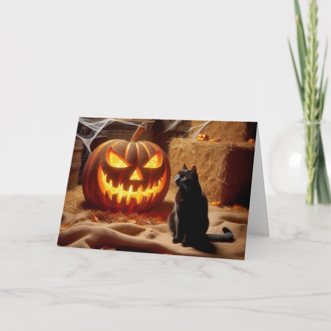 Cartes Pour Fêtes Annuelles Halloween Jack-o-lanterne et chat en grange (Devant)