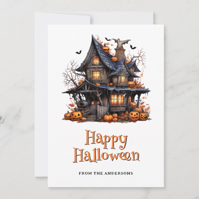 Cartes Pour Fêtes Annuelles Halloween Maison hantée Citrouilles chauves-souris (Devant)